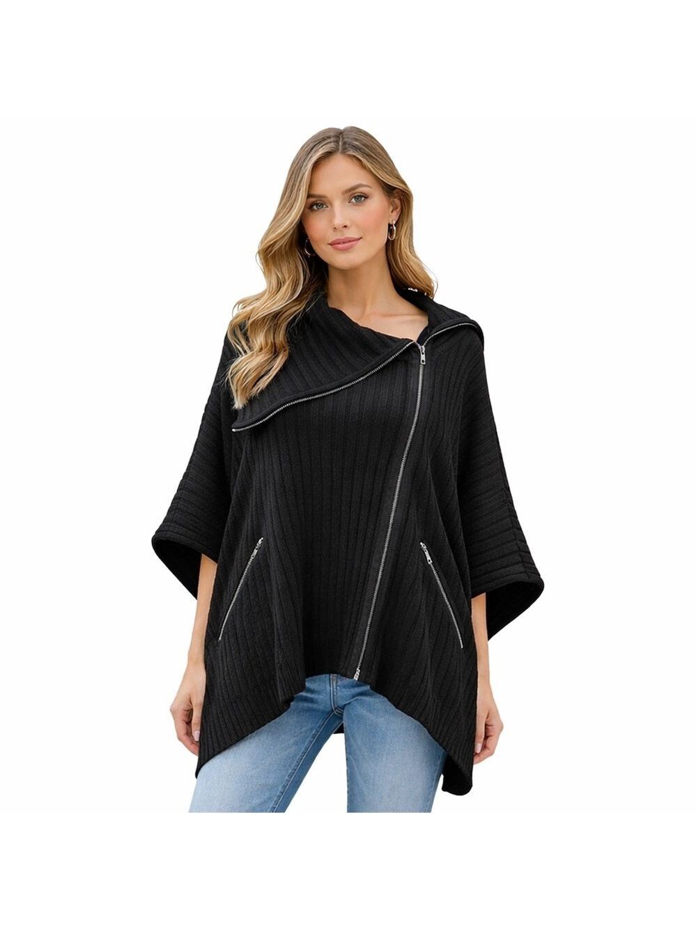 Forever New Black Zip Cape Poncho Wool Blend Coat M